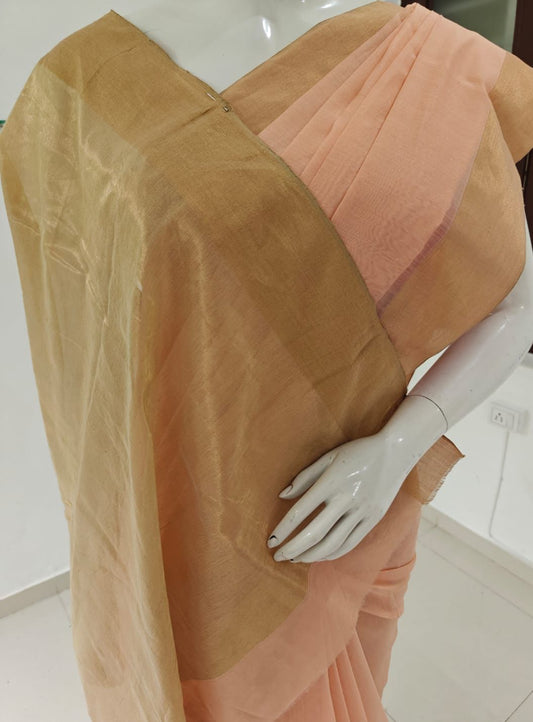 Sunlit Grace – Pure Handwoven Light Orange Silk Cotton Chanderi Saree with Unstitched Blouse & Handloom Tag