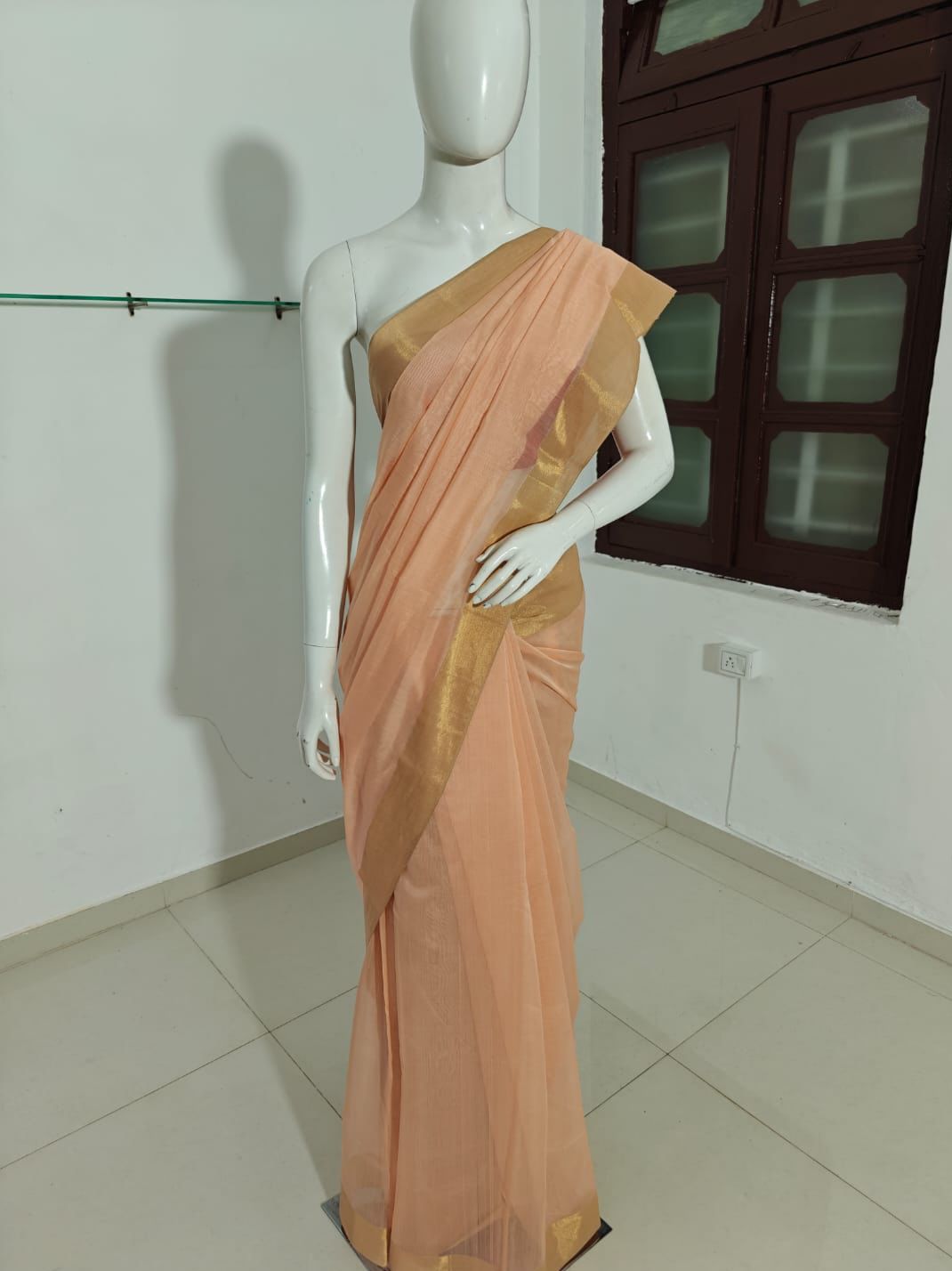 Sunlit Grace – Pure Handwoven Light Orange Silk Cotton Chanderi Saree with Unstitched Blouse & Handloom Tag