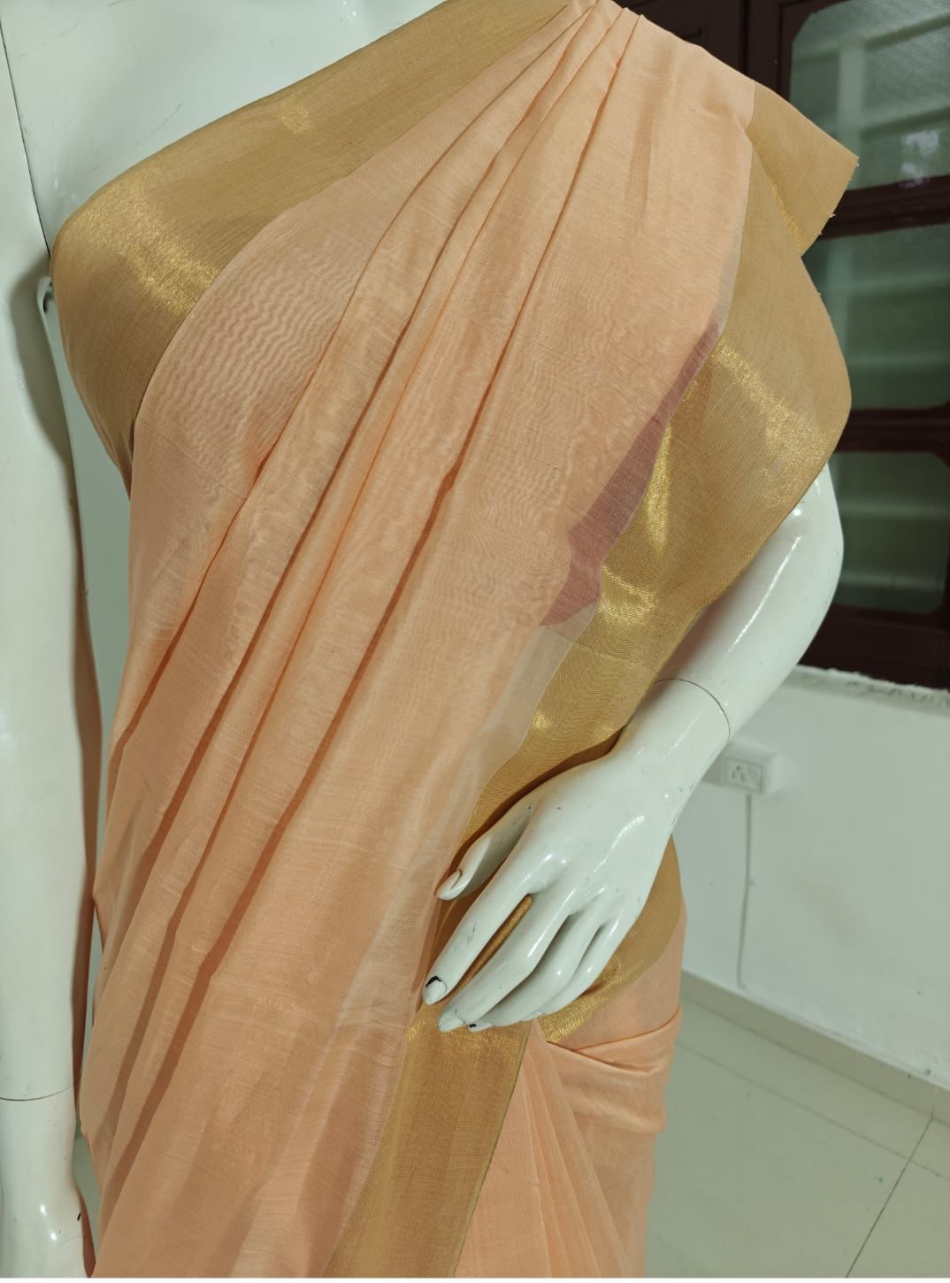 Sunlit Grace – Pure Handwoven Light Orange Silk Cotton Chanderi Saree with Unstitched Blouse & Handloom Tag