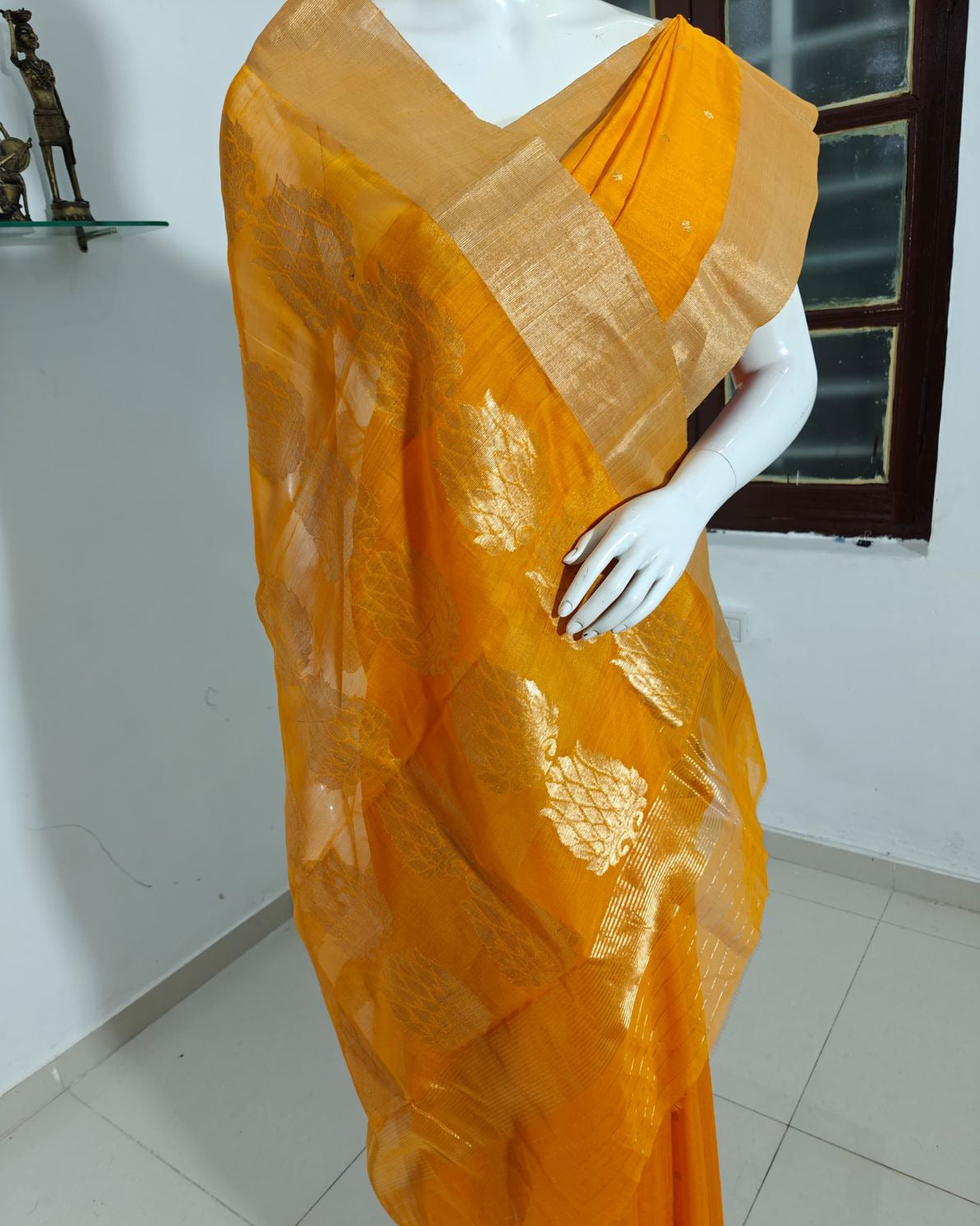 Sunset Bloom – Orange Pure Handwoven Silk Cotton Chanderi Saree with Blouse & Handloom Tag
