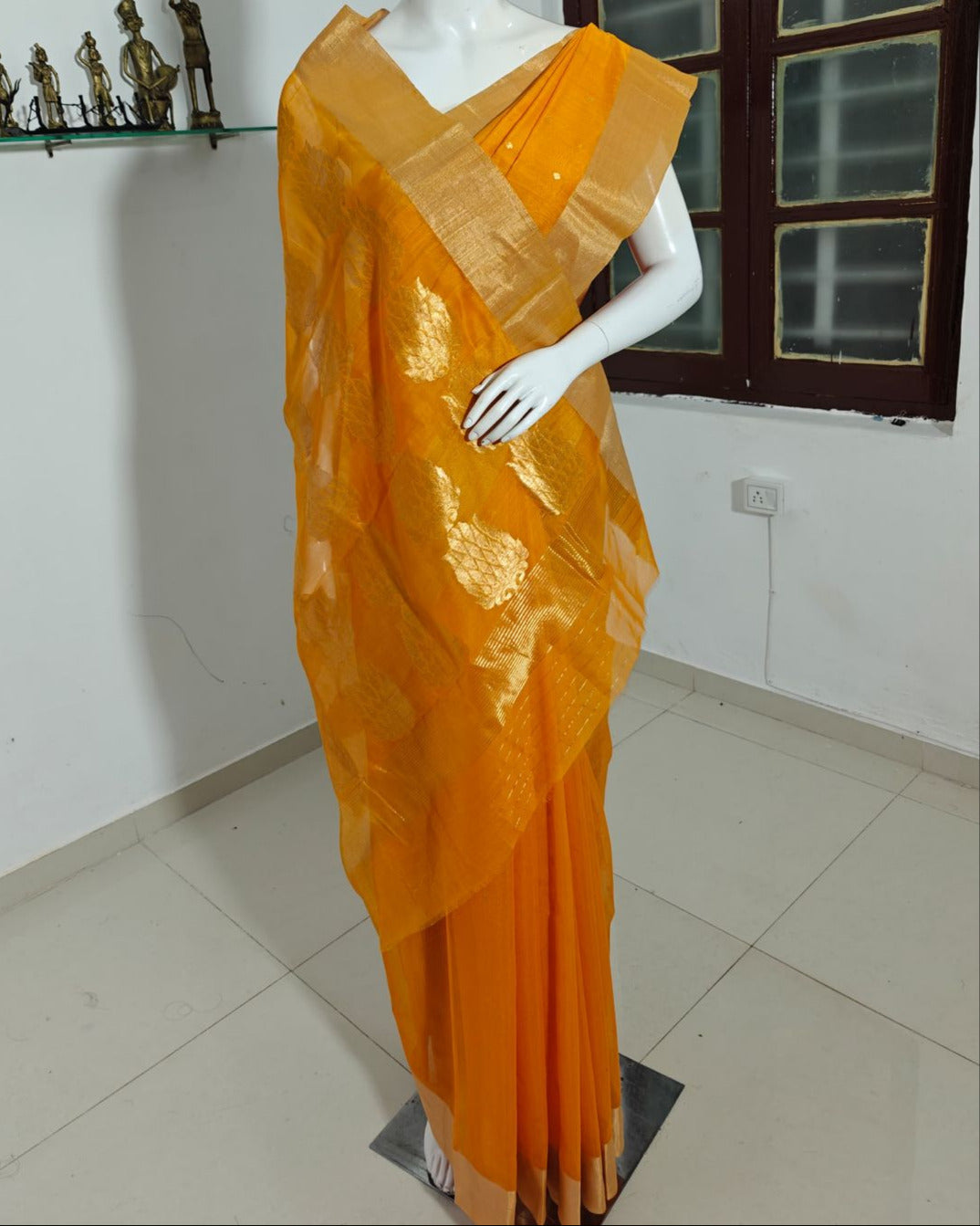 Sunset Bloom – Orange Pure Handwoven Silk Cotton Chanderi Saree with Blouse & Handloom Tag