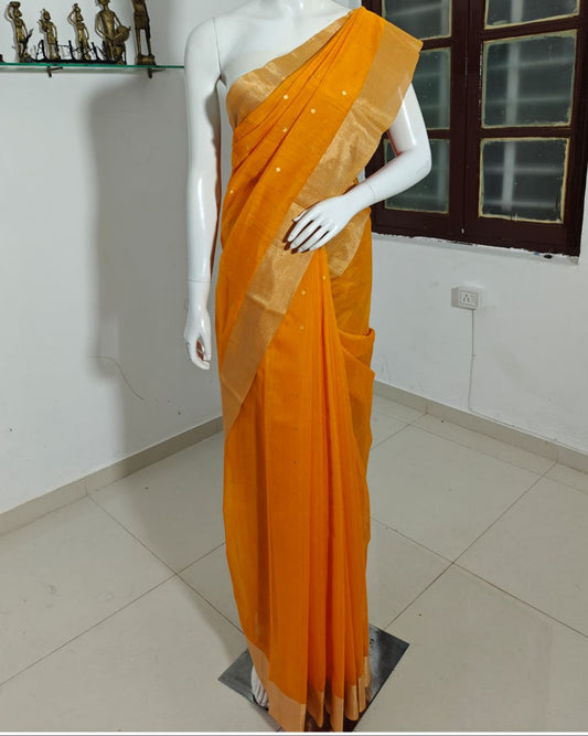Sunset Bloom – Orange Pure Handwoven Silk Cotton Chanderi Saree with Blouse & Handloom Tag