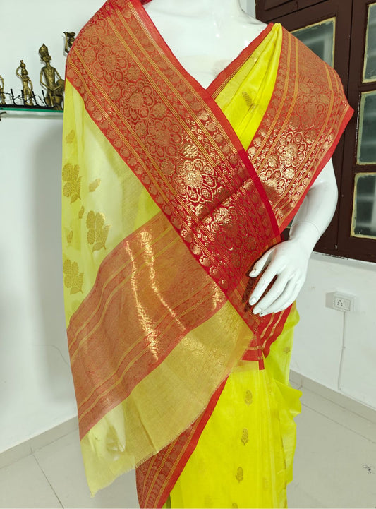 Sunlit Charm – Yellow Pure Silk Chanderi Saree with Unstitched Blouse & Silk Mark Tag