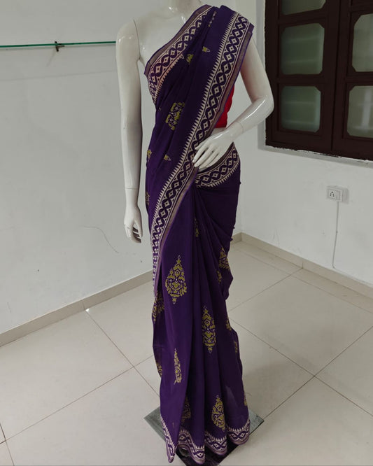 Royal Bloom – Pure Handwoven Violet Chanderi Silk Cotton Saree with Blouse & Handloom Tag