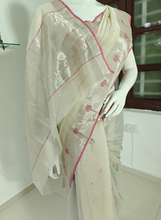Pearl Bloom – Pure Handwoven White Chanderi Silk Cotton Saree with Pink Accents & Handloom Tag