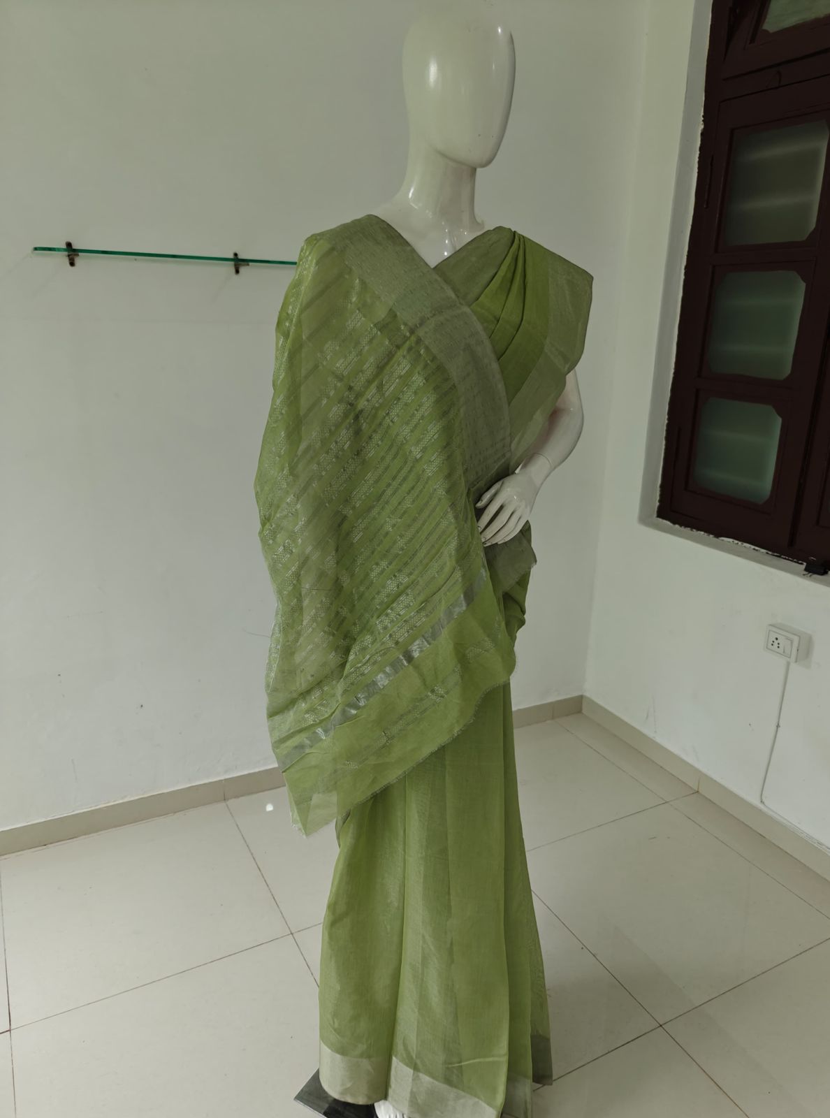 Mint Serenity – Pure Handwoven Pista Green Chanderi Silk Cotton Saree with Blouse & Handloom Tag