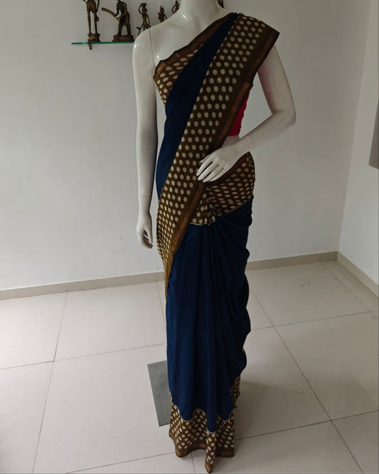 Blue Breeze – Pure Handwoven Silk Cotton Chanderi Saree with Polka Dots, Unstitched Blouse & Handloom Tag
