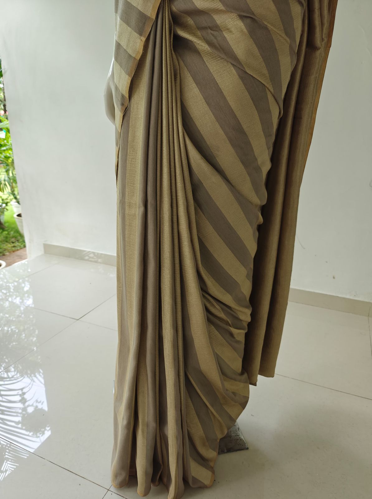 Striped Pure Banarasi Muga Silk Saree with Blouse and Silk Mark Tag