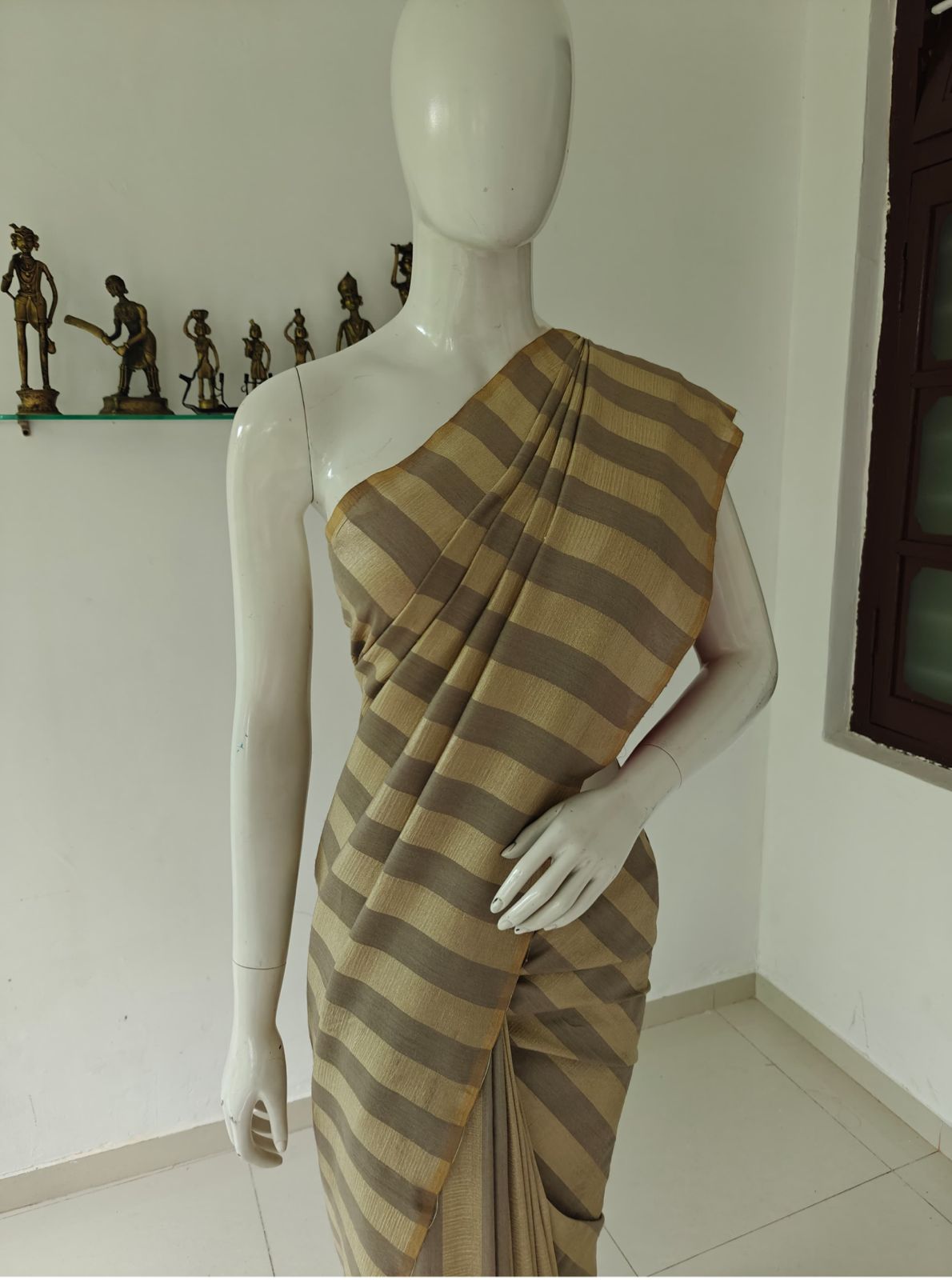 Striped Pure Banarasi Muga Silk Saree with Blouse and Silk Mark Tag