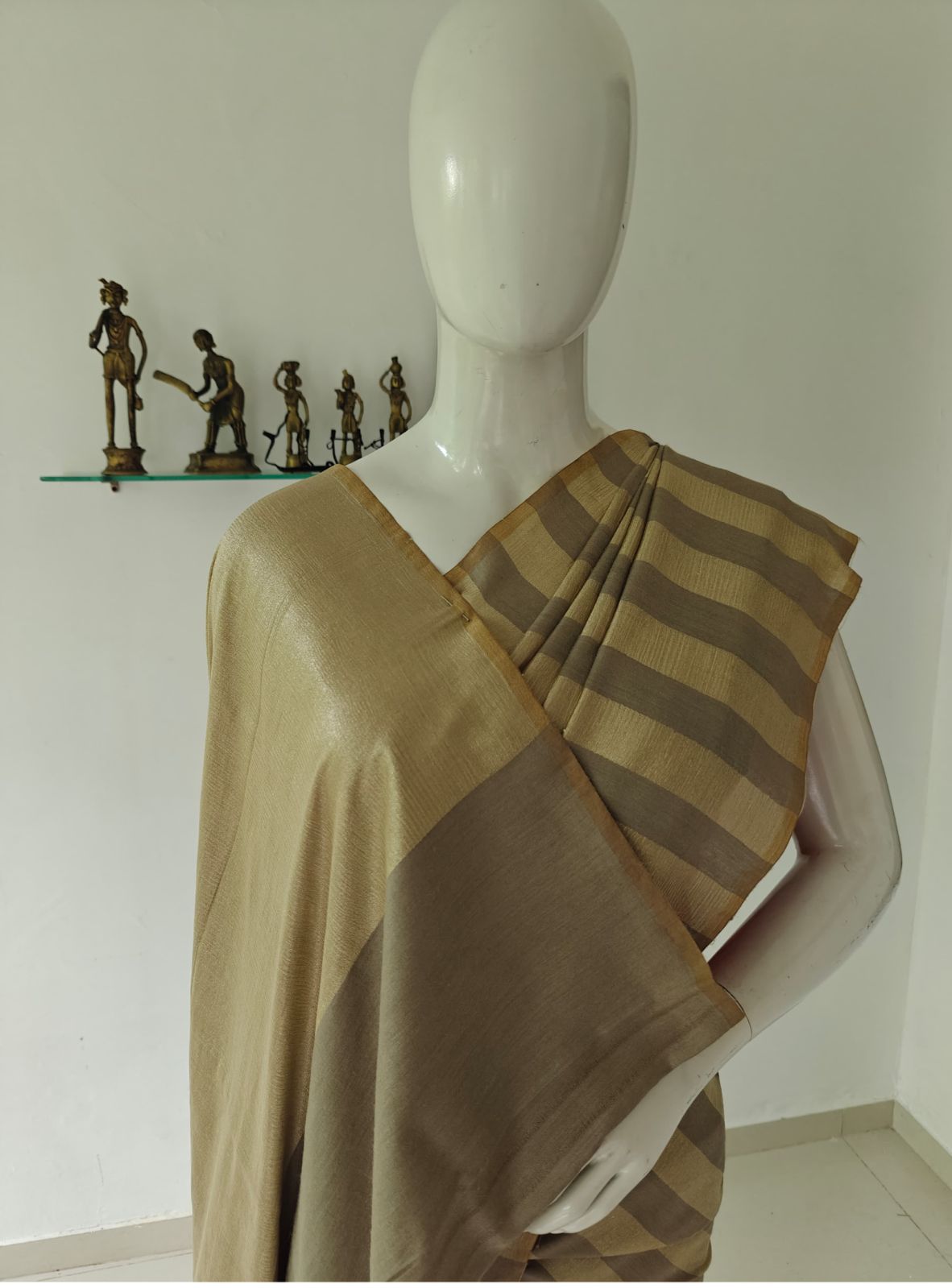 Striped Pure Banarasi Muga Silk Saree with Blouse and Silk Mark Tag
