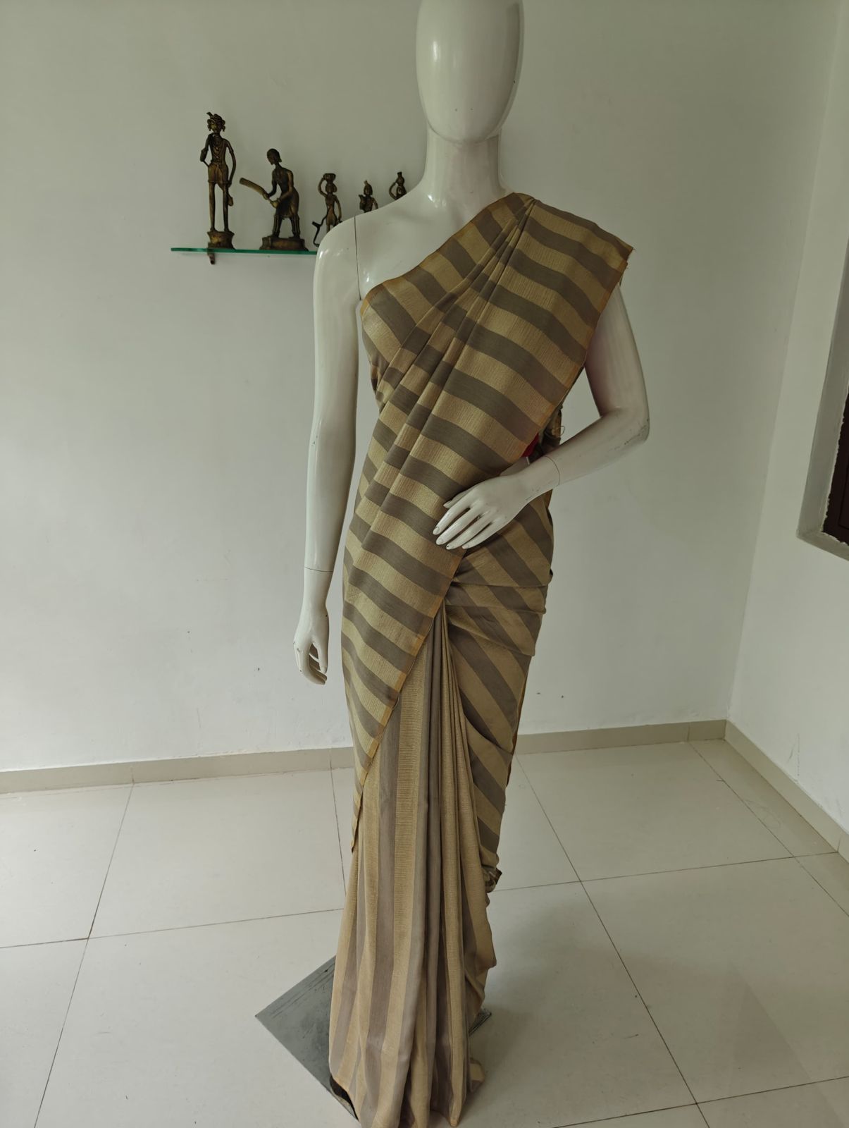 Striped Pure Banarasi Muga Silk Saree with Blouse and Silk Mark Tag
