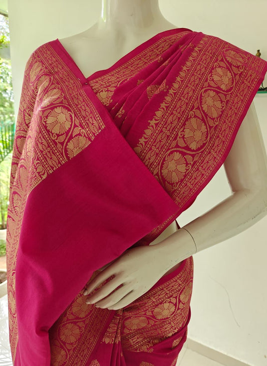 Vibrant Dark Pink Pure Chinia Banarasi Silk Saree with Blouse & Silk Mark Tag