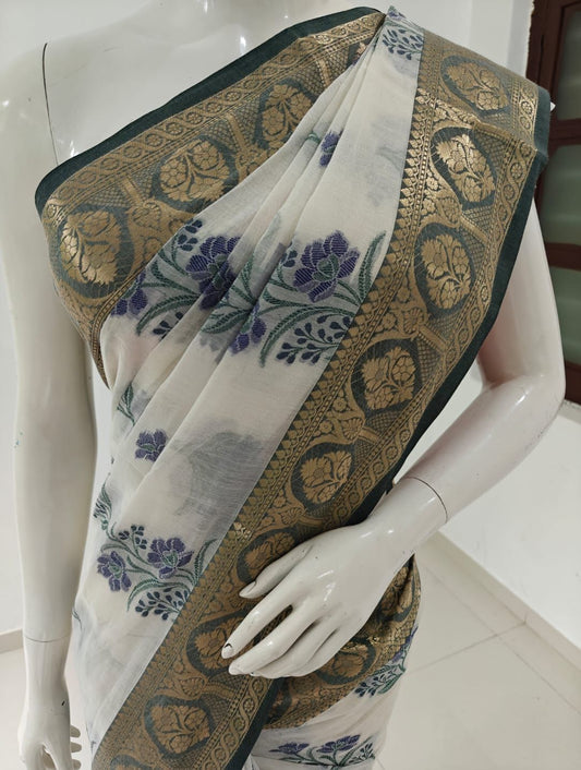 Pure Banarasi Cotton Saree with Flower Print and Blouse