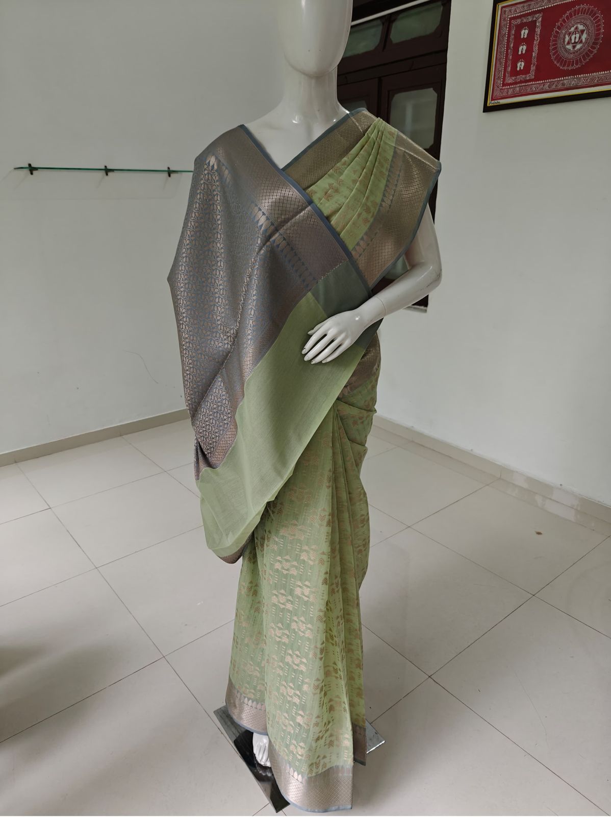 Elegant Beige Banarasi Cotton Saree with Blouse