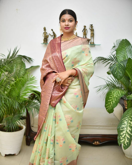 Grace in Every Weave: Banarasi Cotton Saree with Matching Blouse