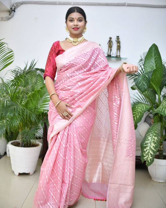 Elegant Baby Pink Banarasi Cotton Saree with Blouse – A Soft Touch of Tradition