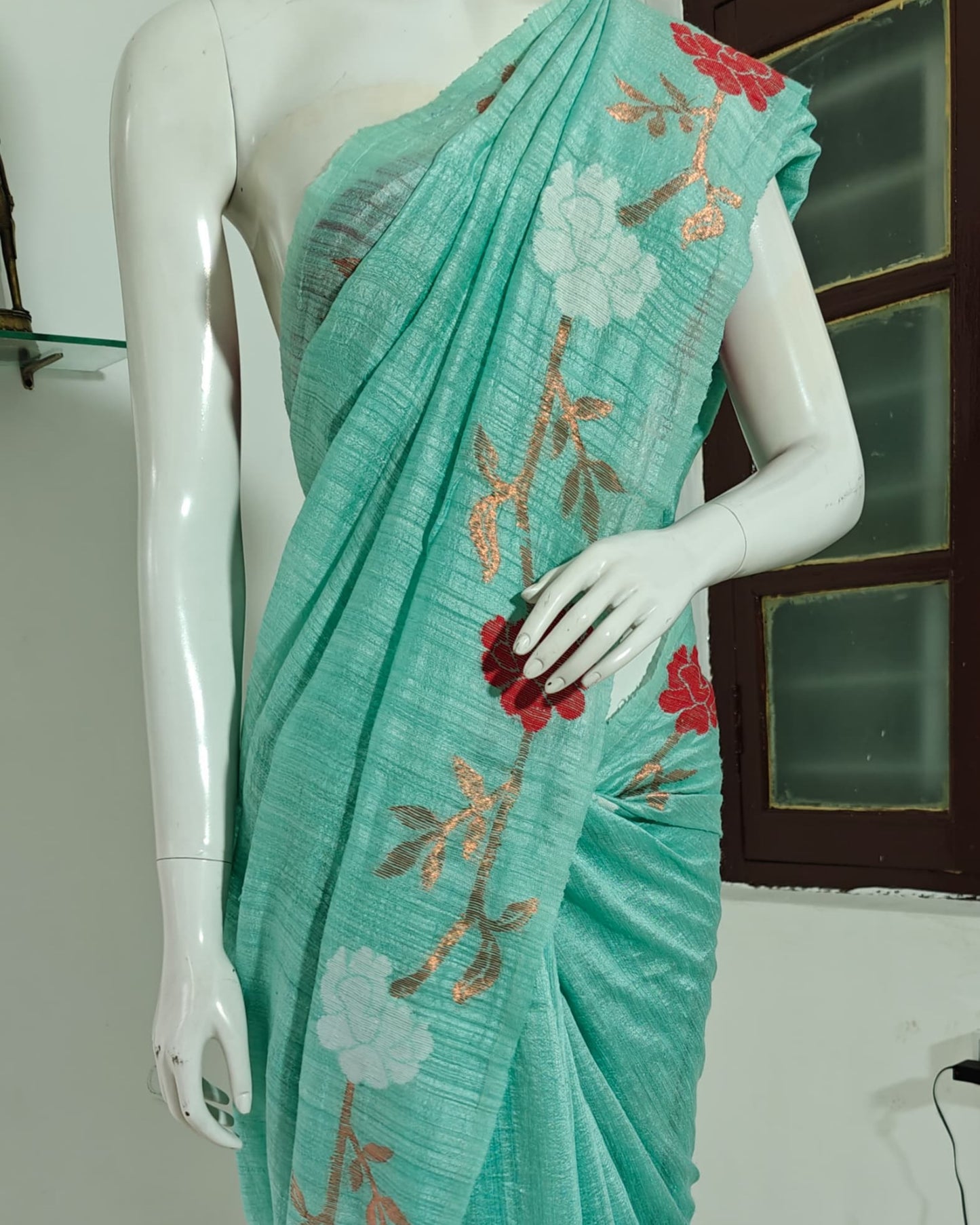 SOLD Aqua Bloom Pure Matka Silk Saree with Handwoven Jamdani Work