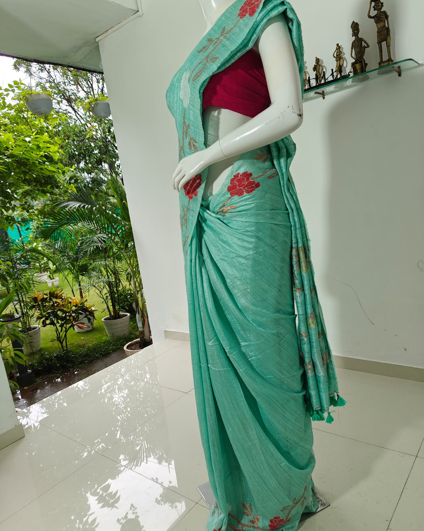 SOLD Aqua Bloom Pure Matka Silk Saree with Handwoven Jamdani Work