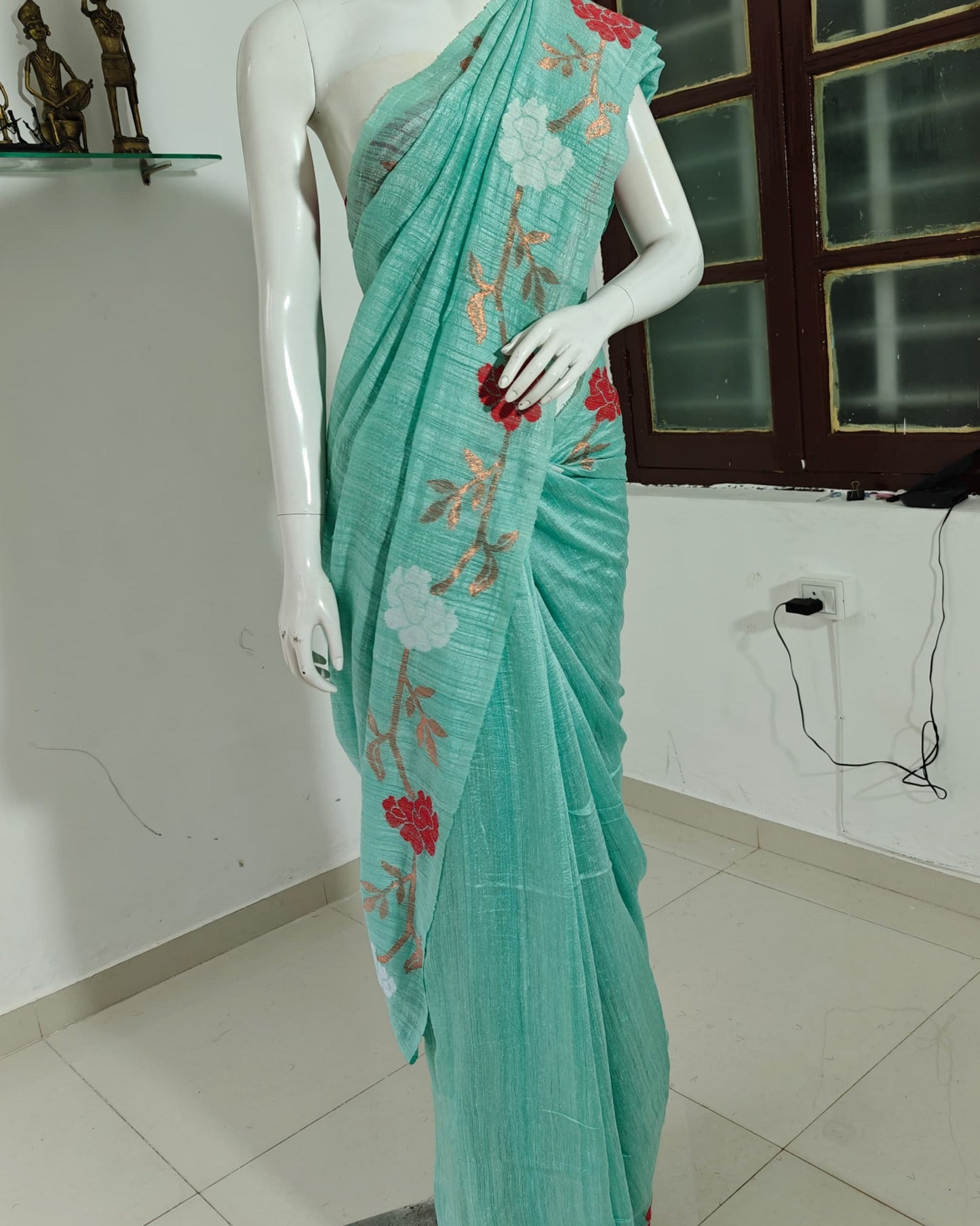 SOLD Aqua Bloom Pure Matka Silk Saree with Handwoven Jamdani Work