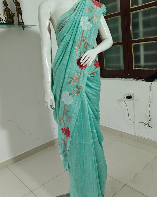 SOLD Aqua Bloom Pure Matka Silk Saree with Handwoven Jamdani Work