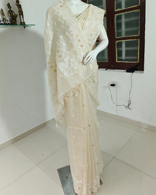 SOLD Cream Tussar Silk Saree with White Jamdani Motifs and Silk Mark Tag