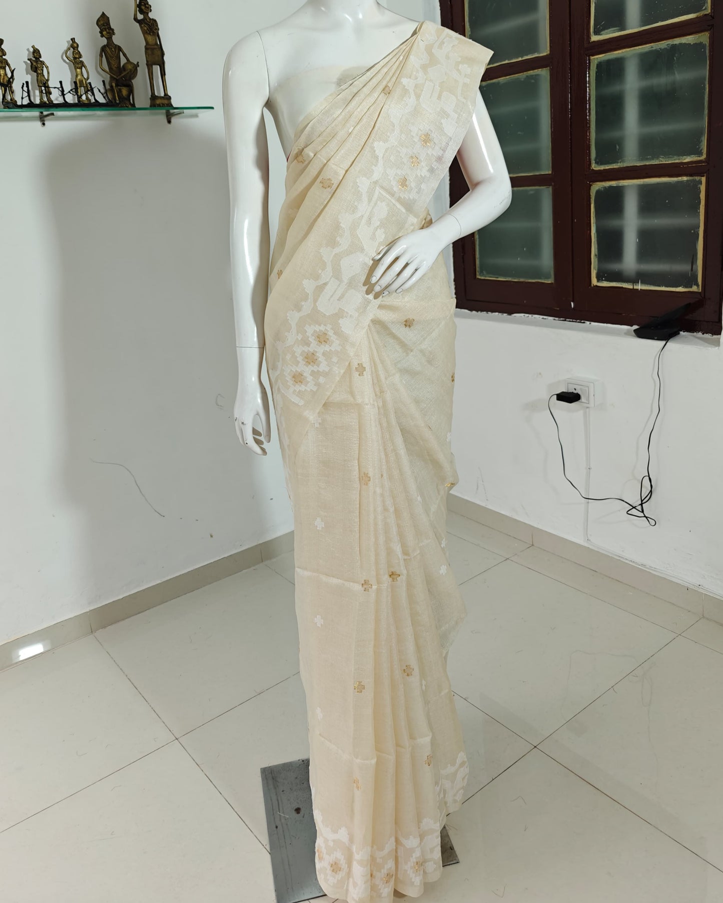 SOLD Cream Tussar Silk Saree with White Jamdani Motifs and Silk Mark Tag