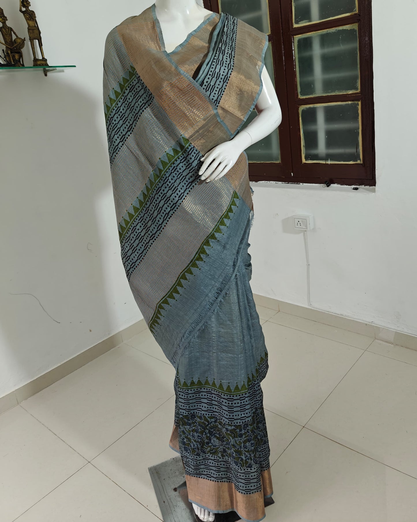 Slate Blue Handwoven Vishnupuri Silk Saree with Temple Border
