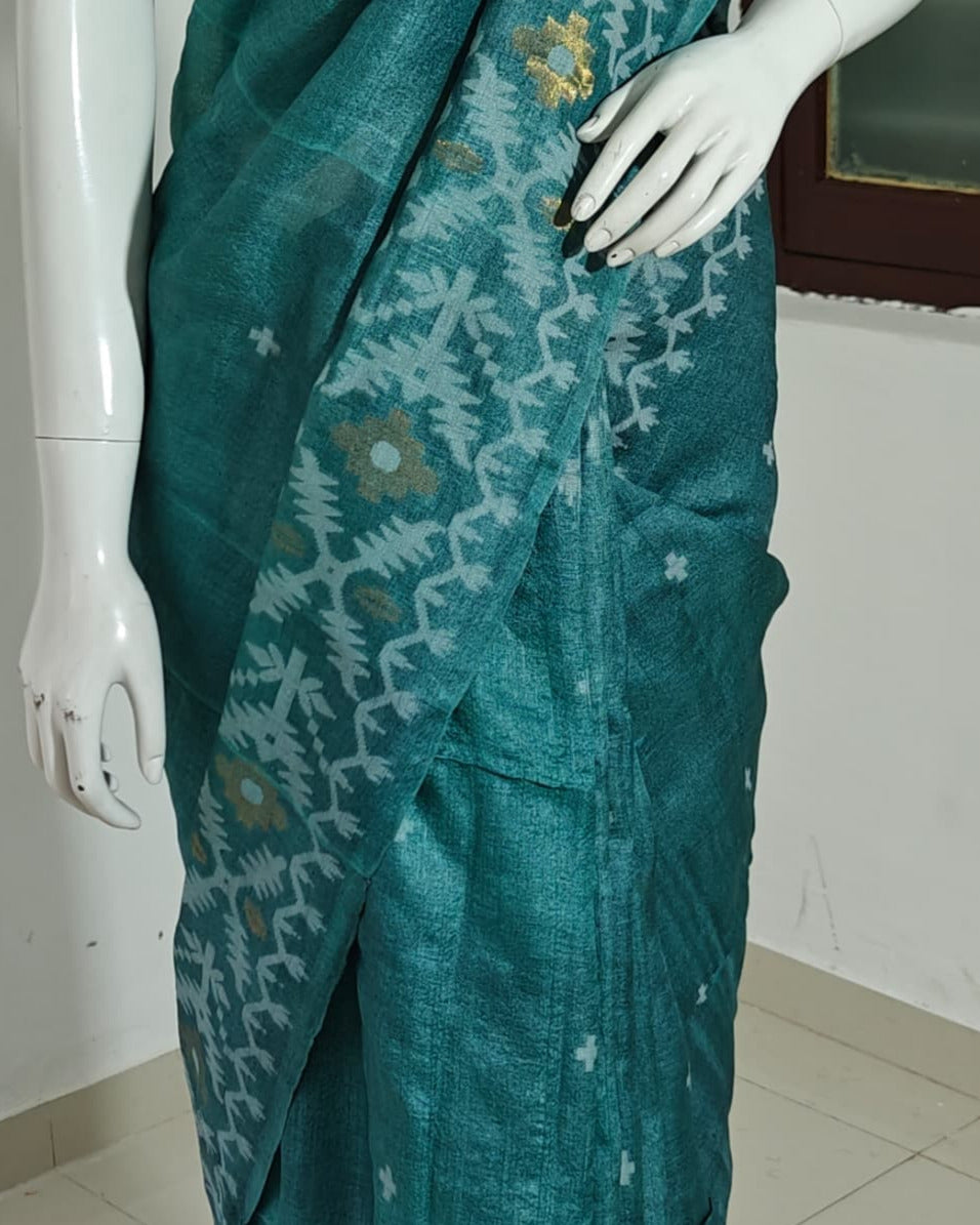 SOLD Teal Traditions – Pure Tussar Silk with Jamdani Weave
