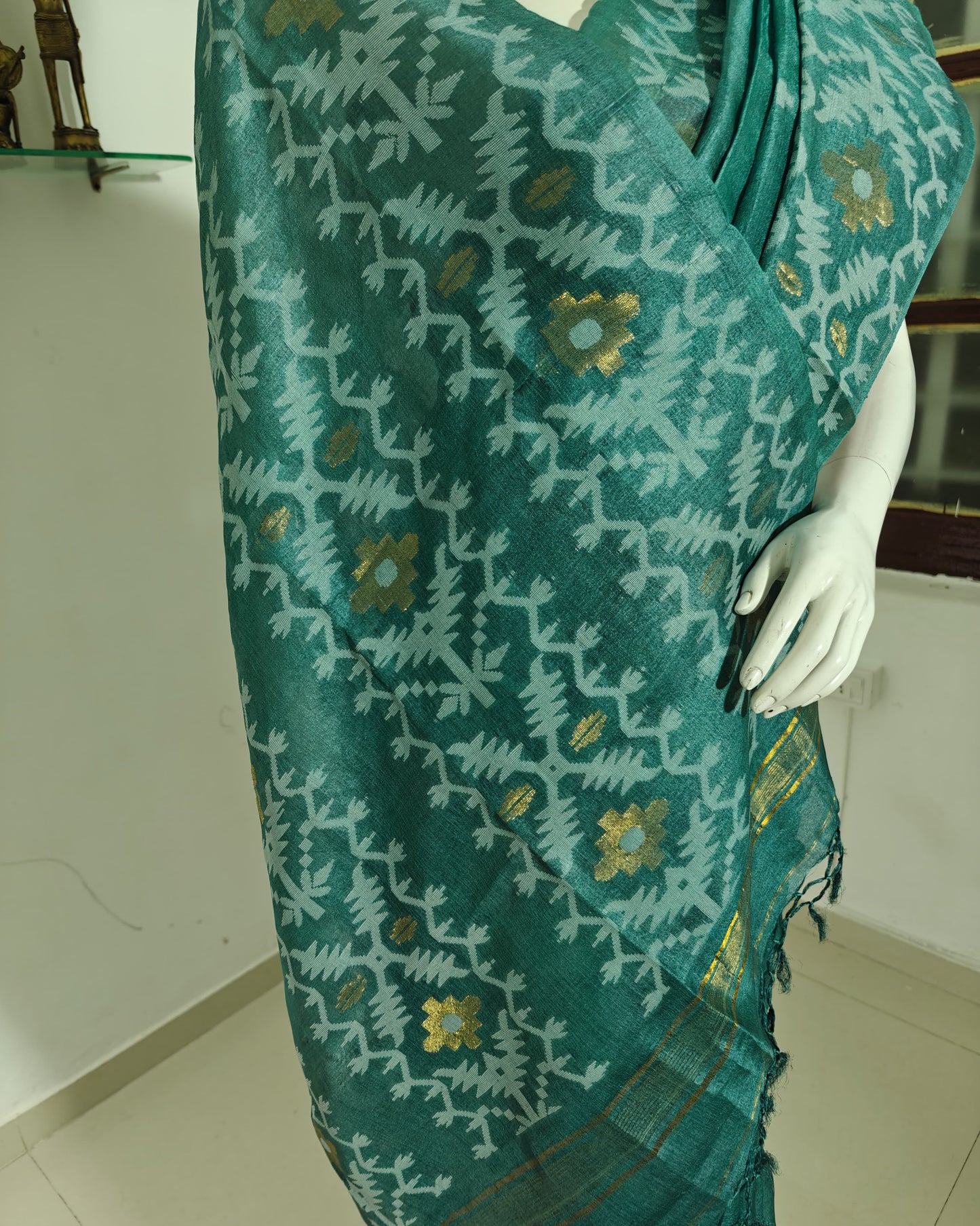 SOLD Teal Traditions – Pure Tussar Silk with Jamdani Weave