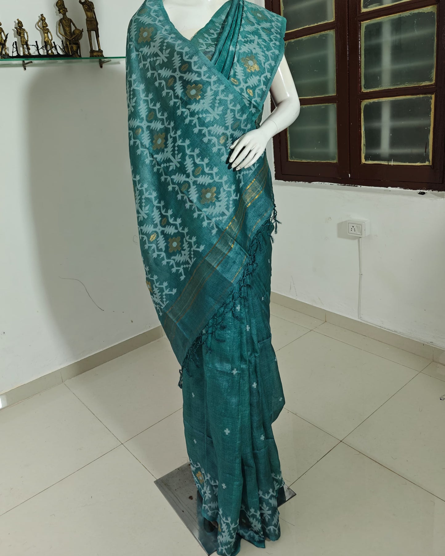 SOLD Teal Traditions – Pure Tussar Silk with Jamdani Weave
