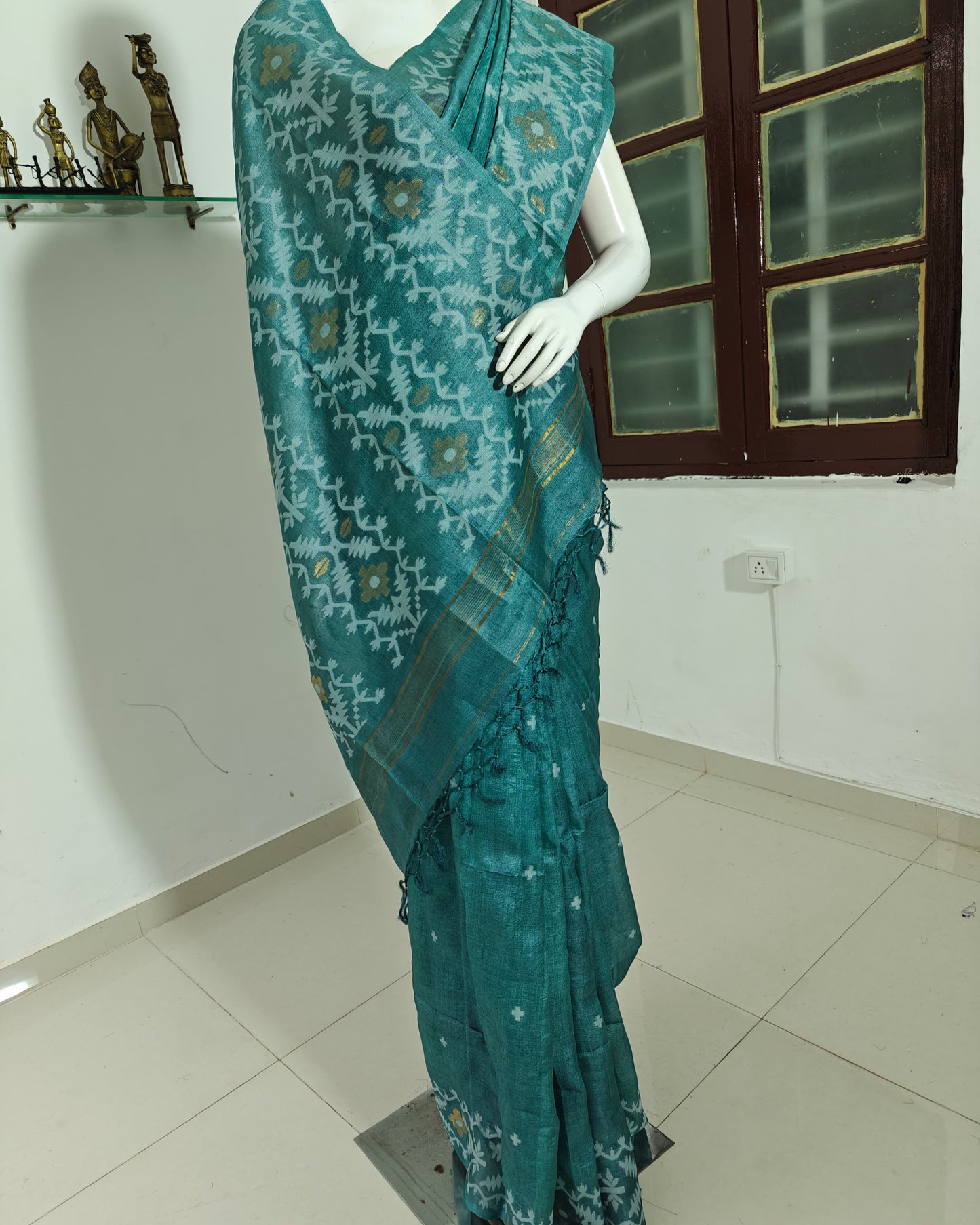SOLD Teal Traditions – Pure Tussar Silk with Jamdani Weave