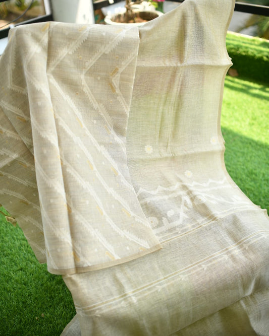 Off-White Pure Muslin Cotton Handloom Two-Piece Suit with Handloom Mark Tag