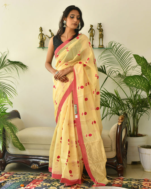 Marigold Muse – Yellow Handwoven Pure Silk Cotton Chanderi Saree with Blouse & Handloom Tag