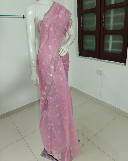 Blush Harmony – Pure Handwoven Pink Silk Cotton Chanderi Saree with Unstitched Blouse & Handloom Tag