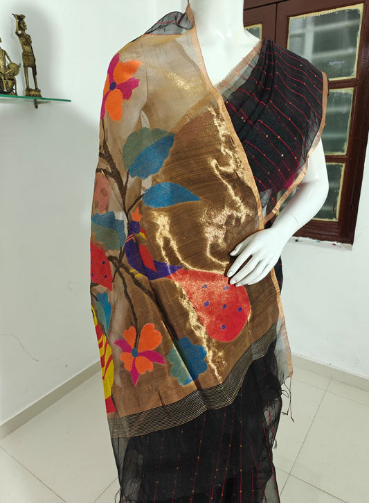 Divine Harmony – Bengal Pure Muslin Saree with Paithani Pallu and Jamdani Design with Handloom Mark