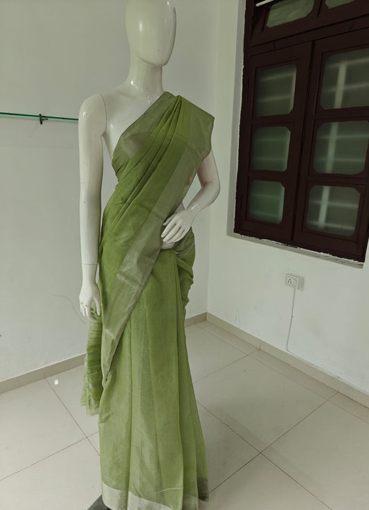 Mint Serenity – Pure Handwoven Pista Green Chanderi Silk Cotton Saree with Blouse & Handloom Tag