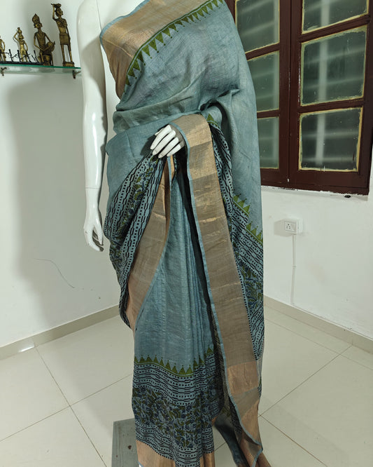 Slate Blue Handwoven Vishnupuri Silk Saree with Temple Border