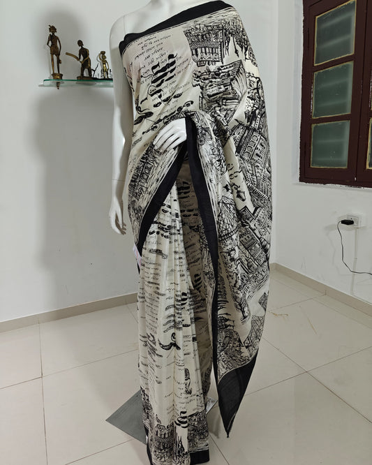 SOLD Tagore Tales – Vishnupuri Silk Saree with Kolkata Motifs & Literary Print